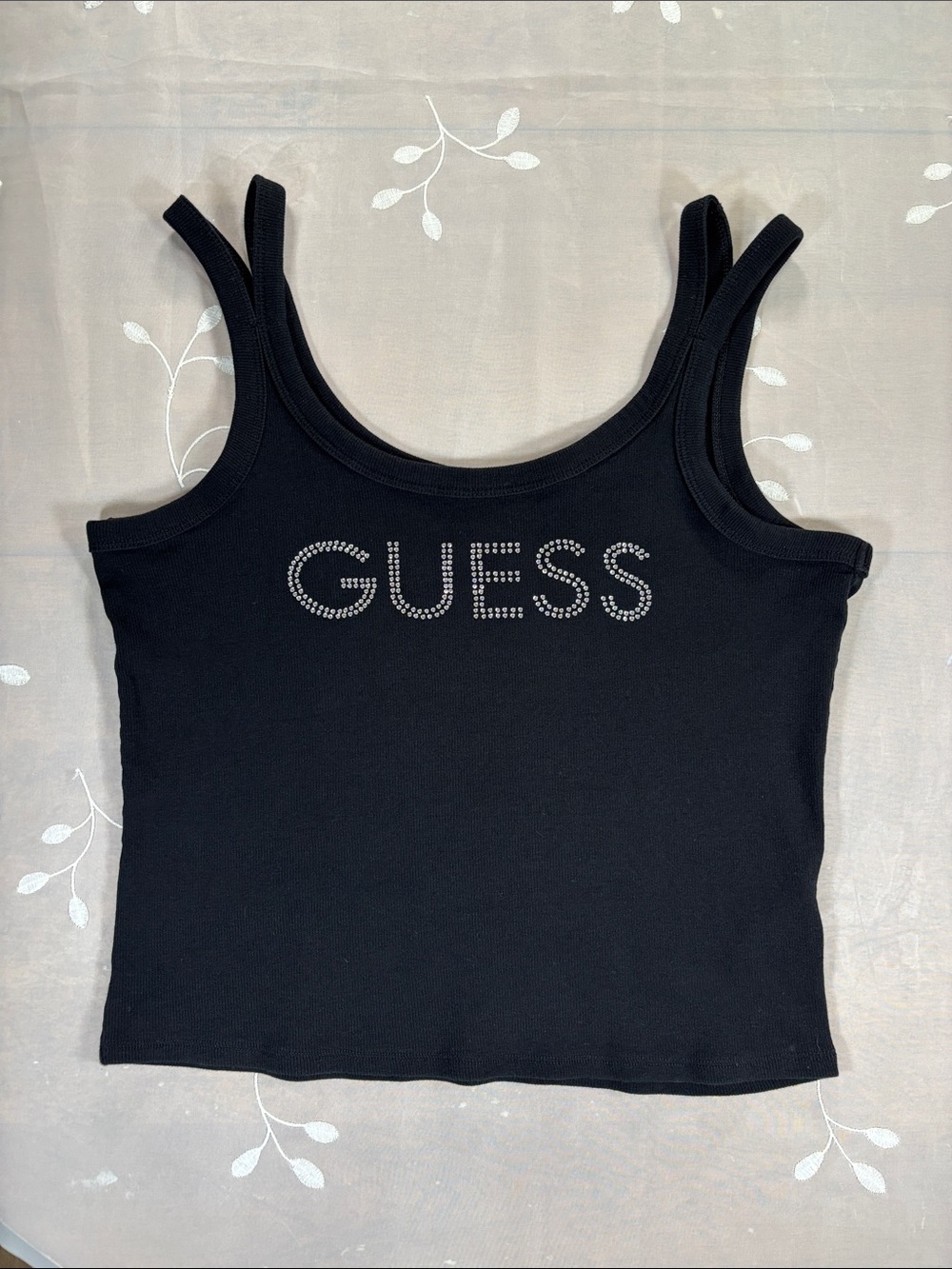 GUESS Black Tank Top with Rhinestone Logo Size Large